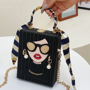 Mini Cartoon Graphic Chain Box Bag w/ Skinny Scarf – Beaded Pearl Detail 🖤🎀